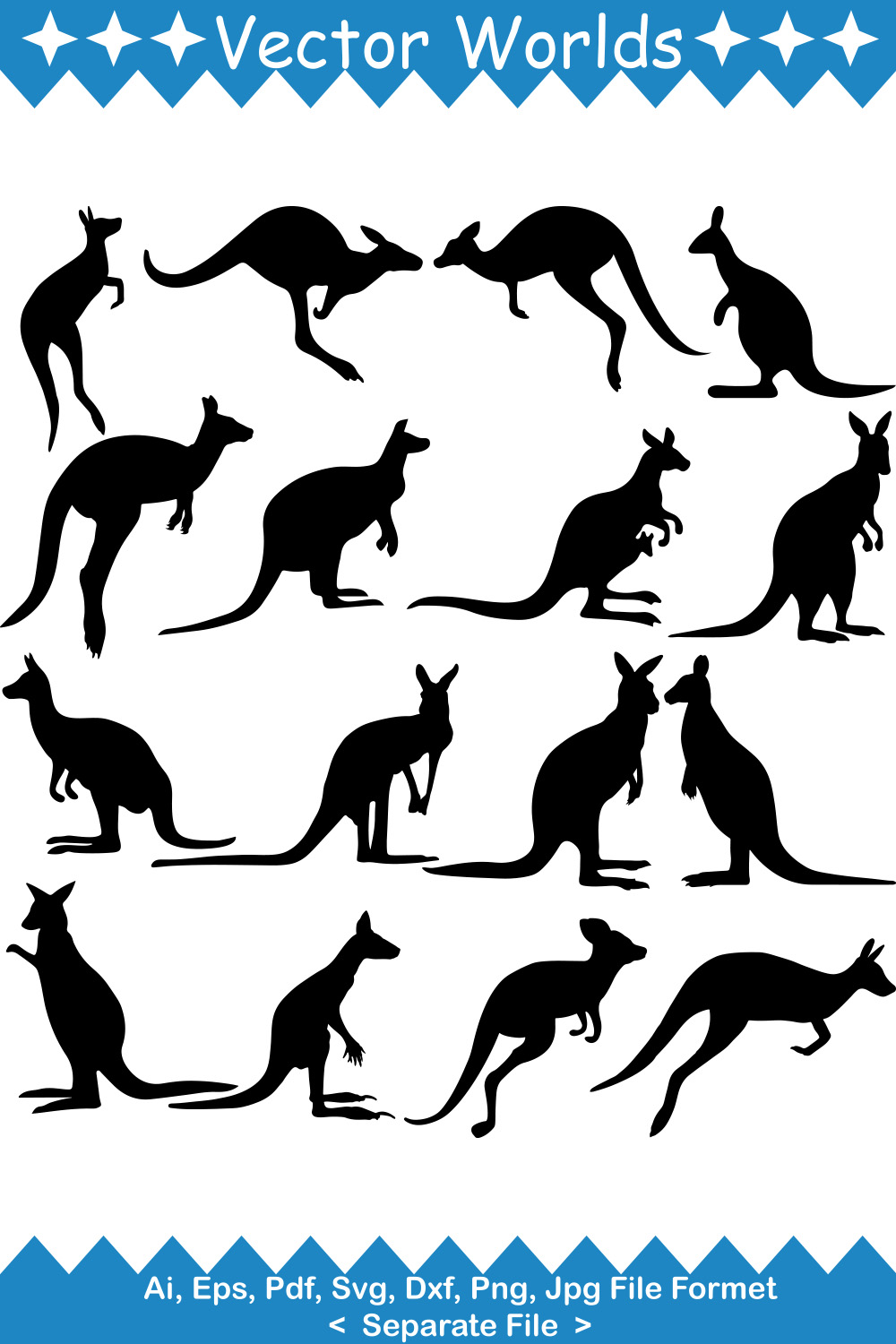 Set of kangaroos silhouettes on a white background.
