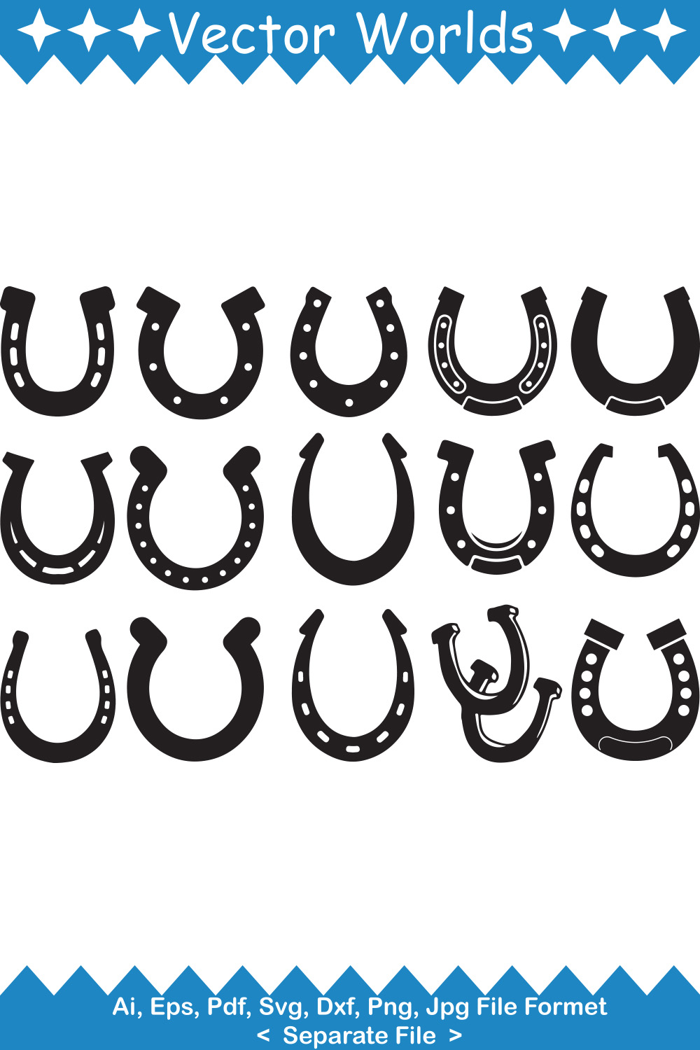 Set of black and white horseshoes with stars.