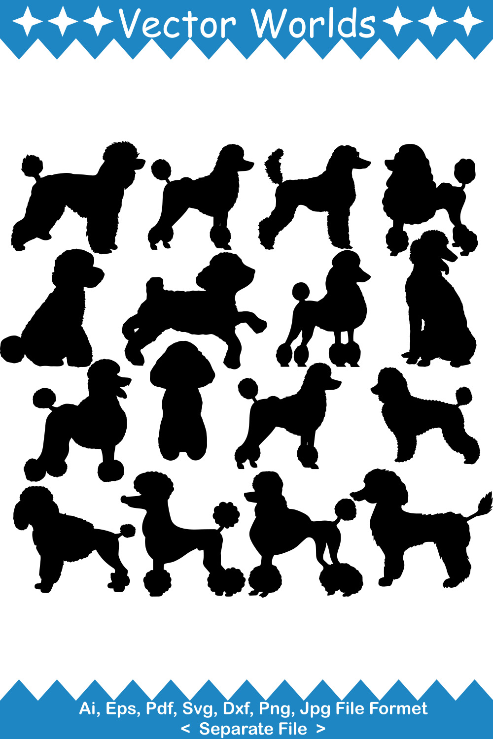 Set of silhouettes of dogs and puppies.