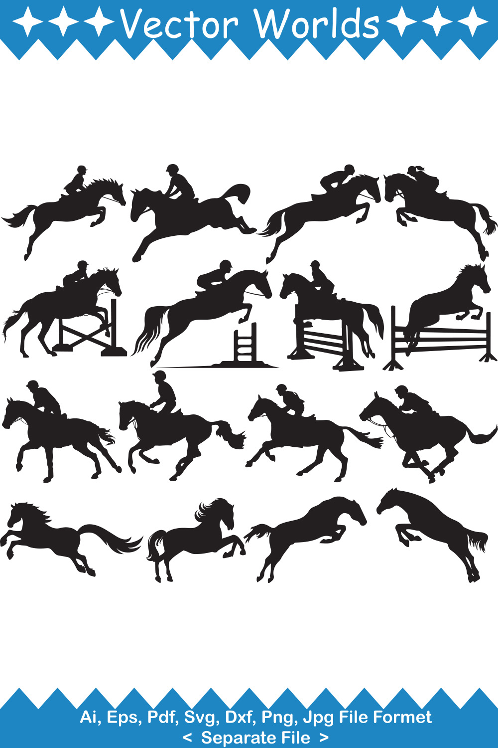 Set of horse and rider silhouettes.