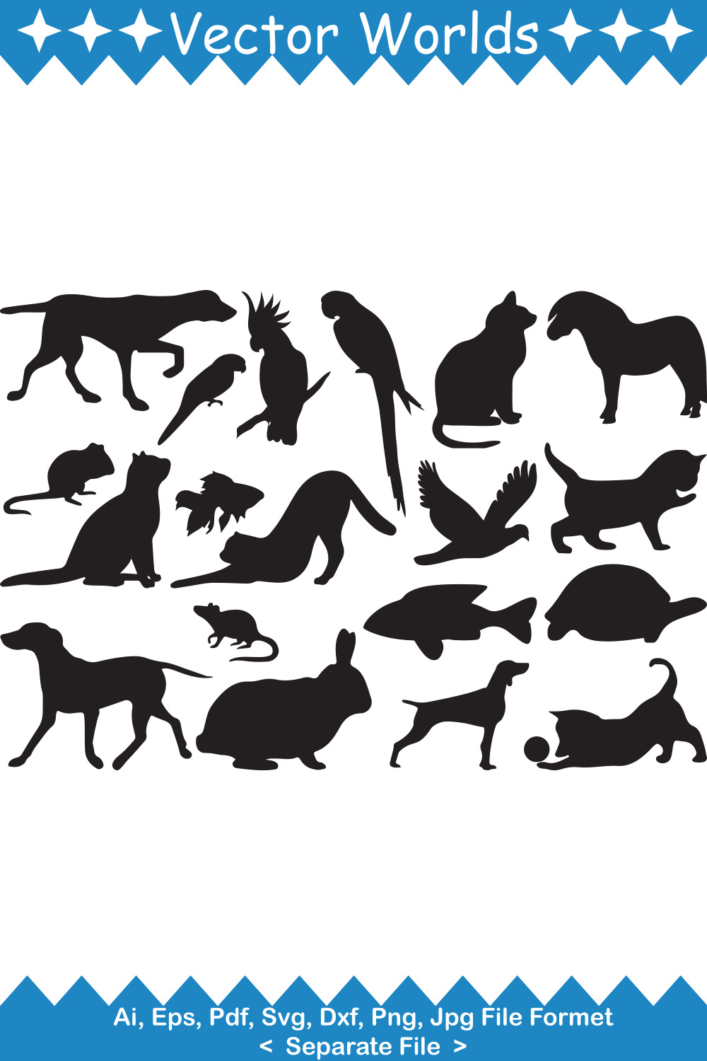 Set of silhouettes of dogs and cats.