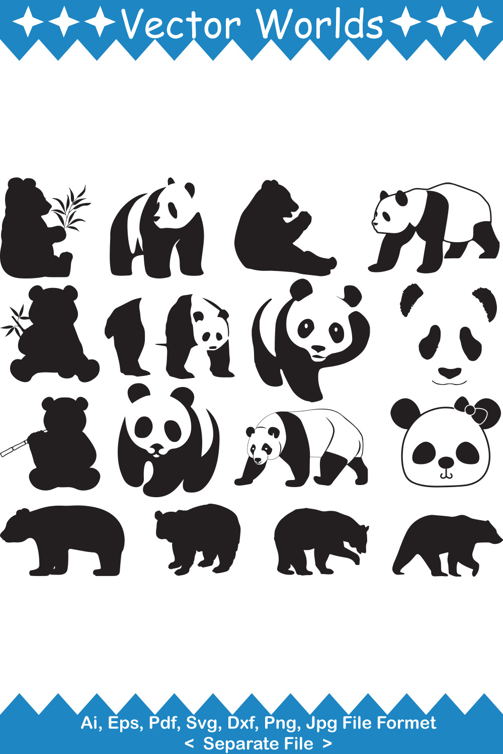 Set of panda bears silhouettes on a white background.