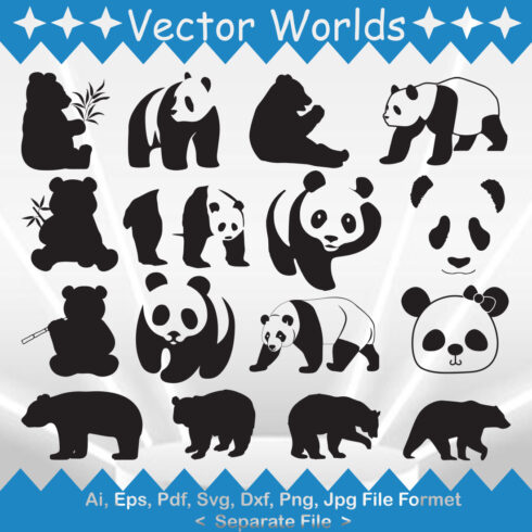 Set of panda bears silhouettes on a blue and white background.
