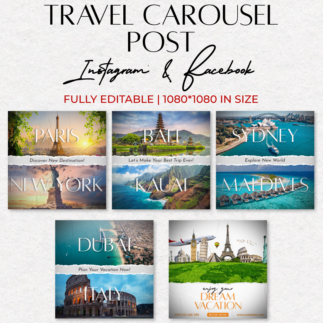 Social Media Travel Carousel Post Design | Sticky Paper Texture Design preview image.