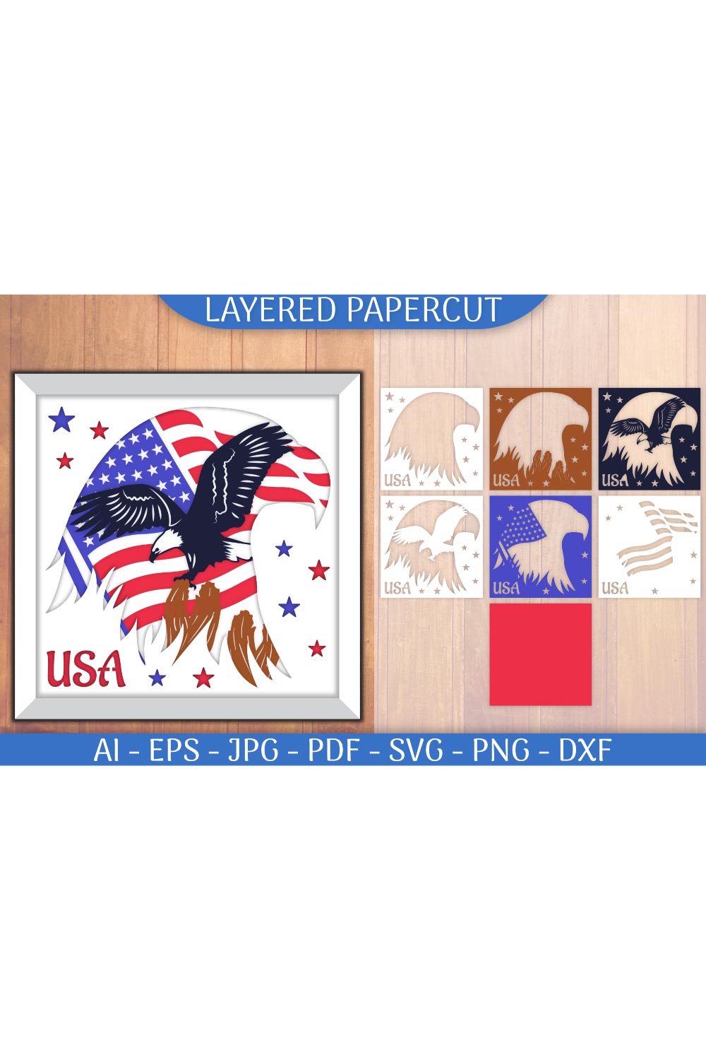 USA Flag in Head Eagle Layered Papercut pinterest preview image.