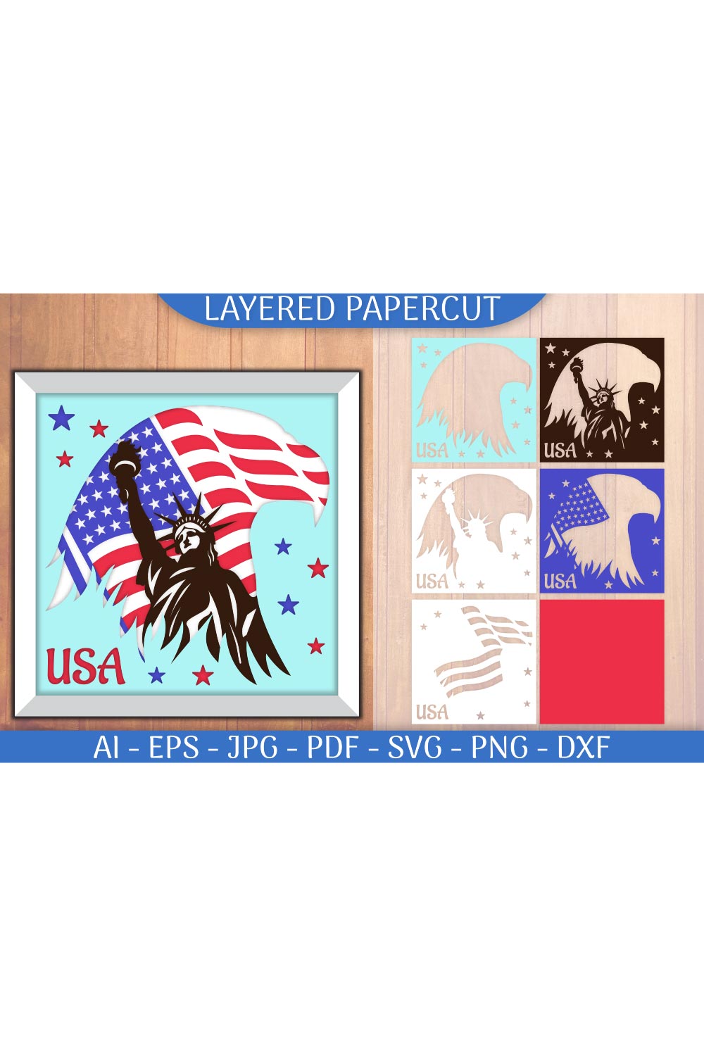 USA Flag in Head Eagle Layered Papercut pinterest preview image.