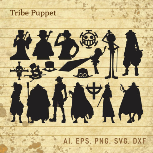 Bunch of silhouettes of people in different costumes.