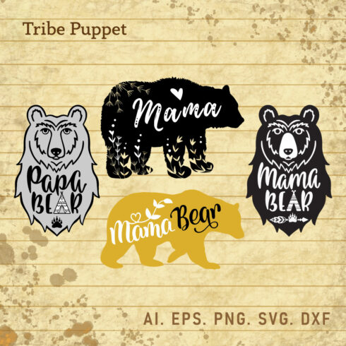 Set of four bear decals on a piece of paper.