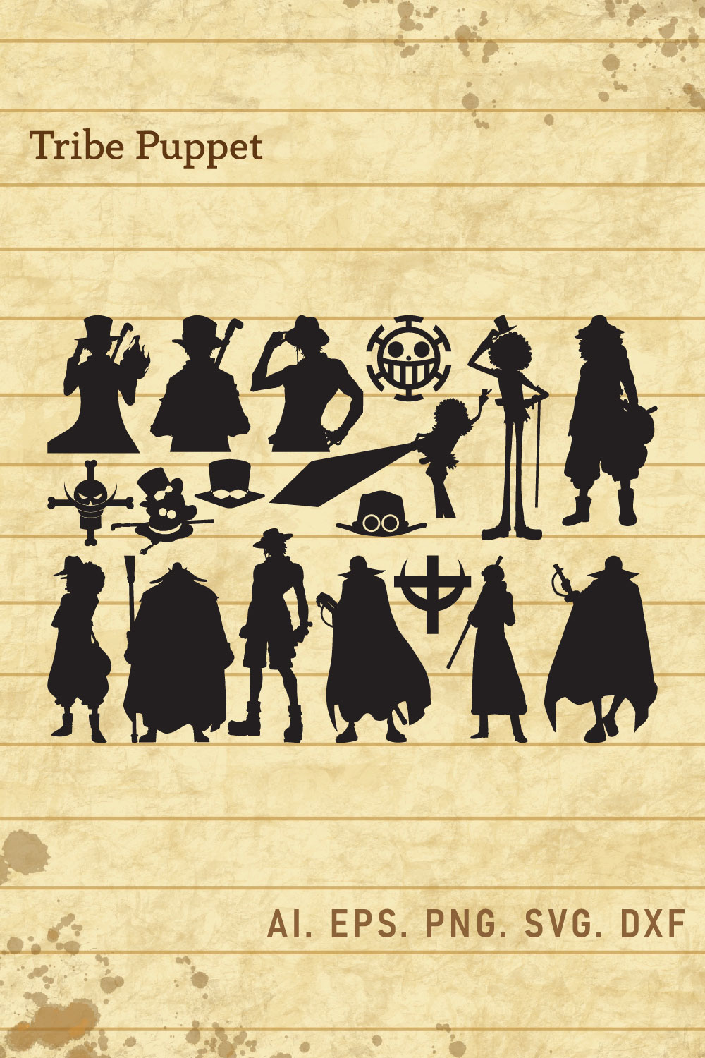 The silhouettes of people in different costumes on a piece of paper.