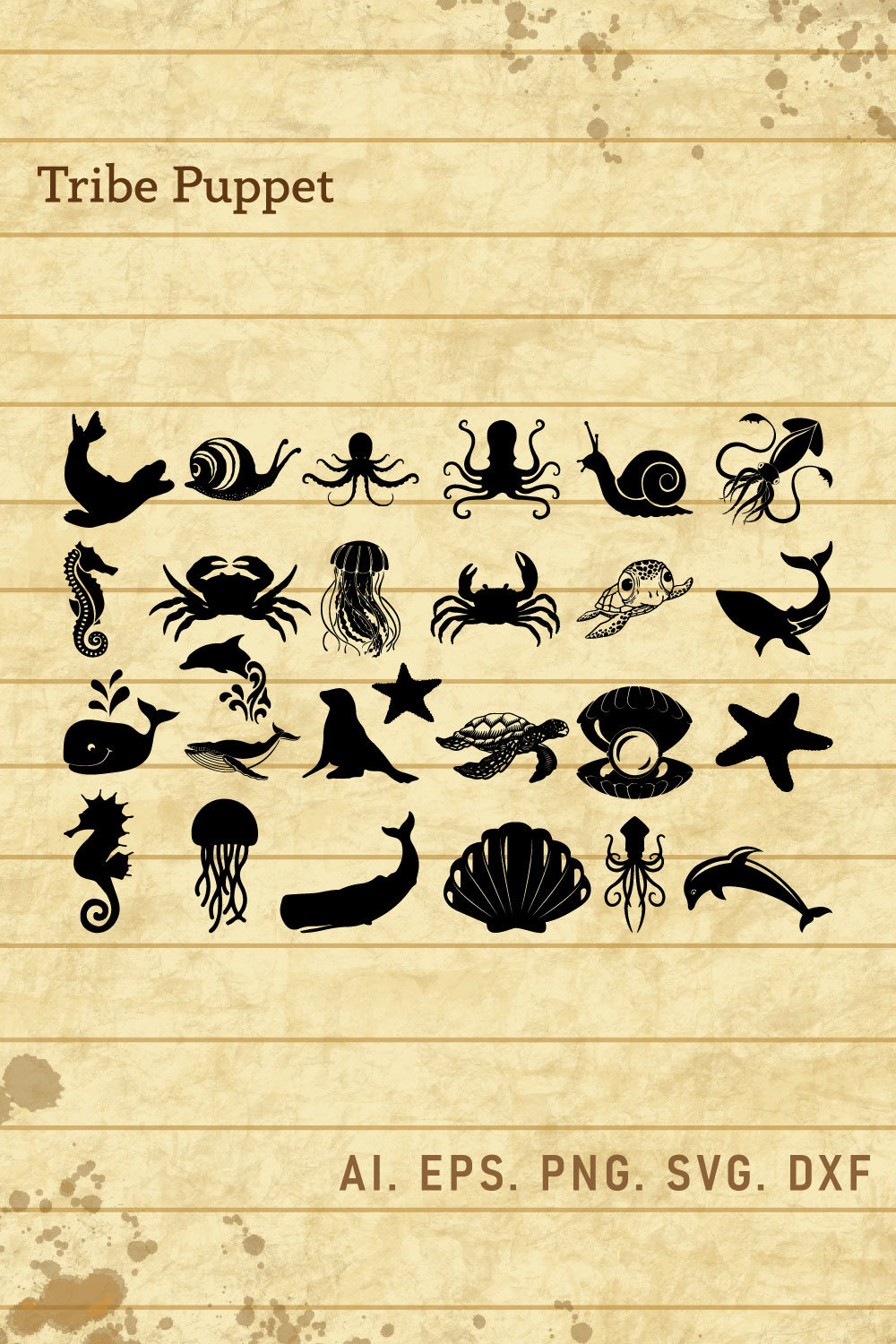 Set of silhouettes of sea animals on a piece of paper.