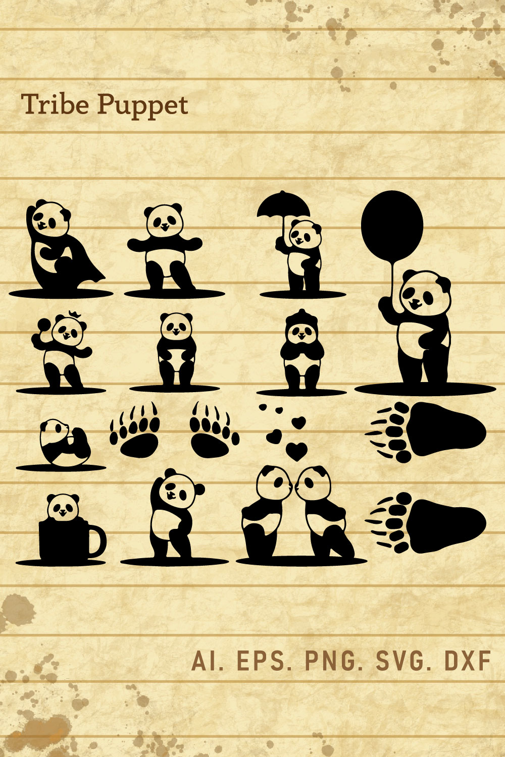 Bunch of panda bears are on a piece of paper.