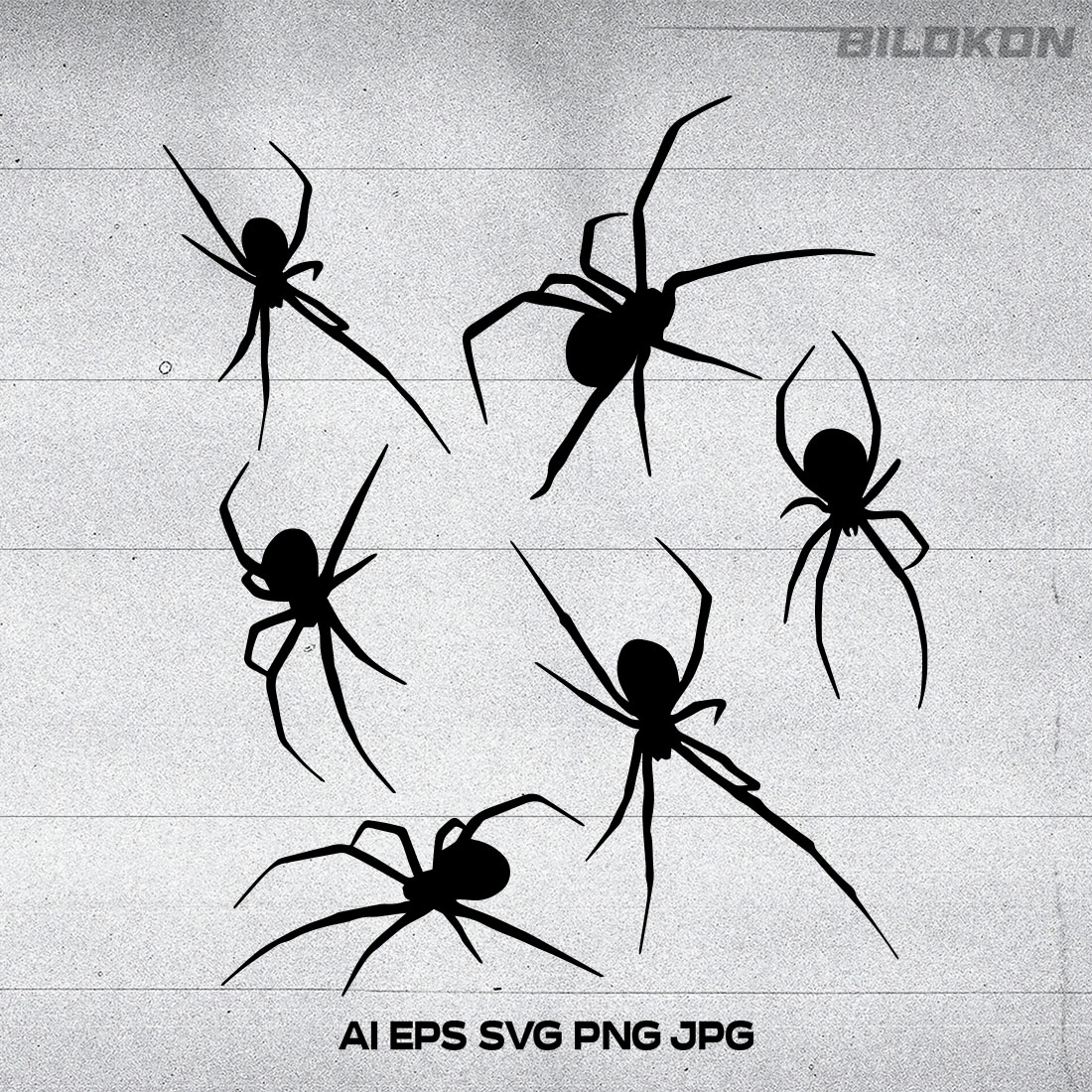 Group of black spider silhouettes on a white background.