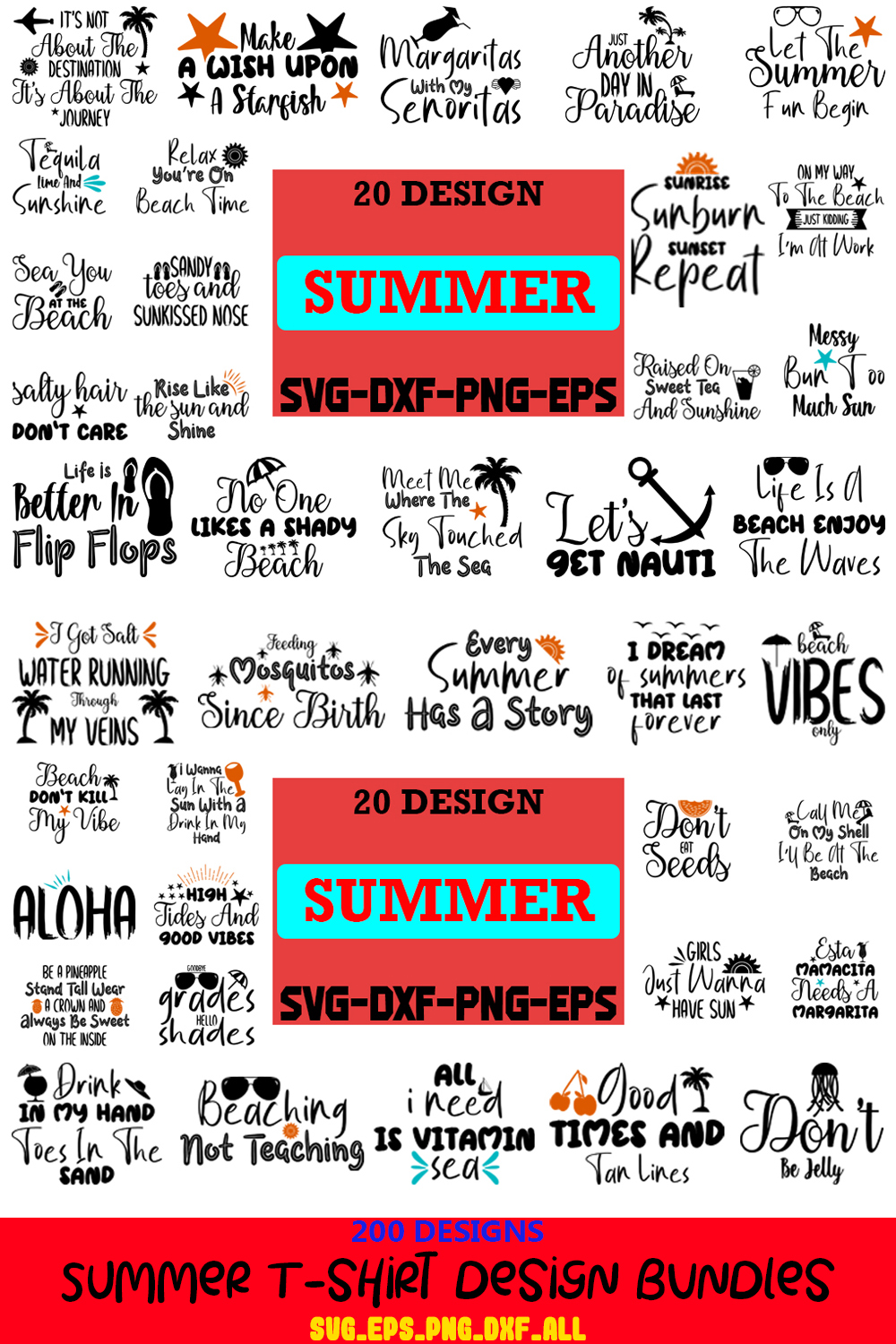 summer Quotes svg, typography, and t-shirt Design Bundle, pinterest preview image.