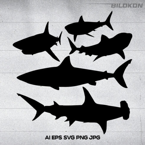 Bunch of shark silhouettes on a white background.