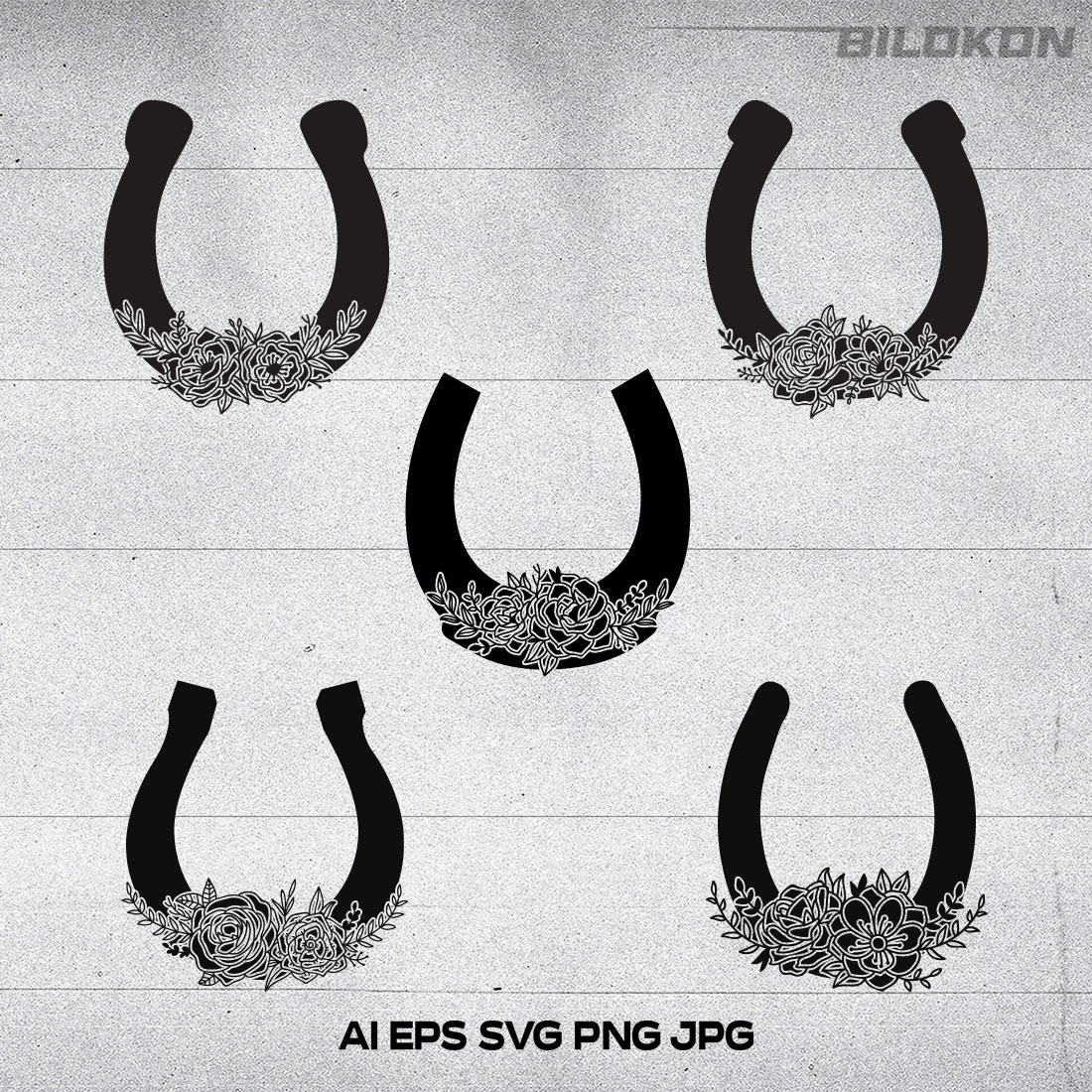 Set of four black and white images of horseshoes.