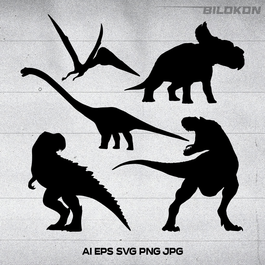The silhouettes of dinosaurs are shown in black and white.