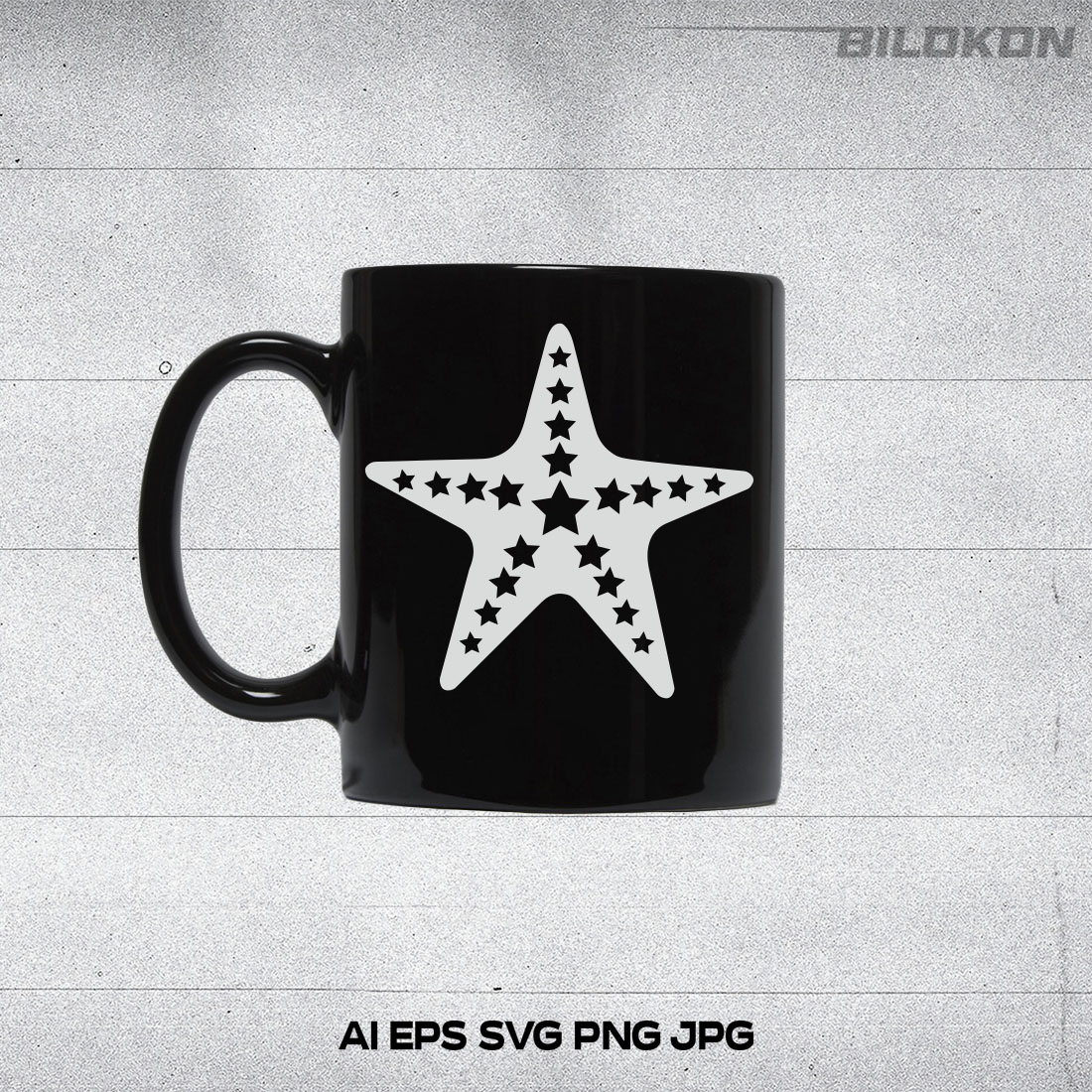 Black coffee mug with a white star on it.