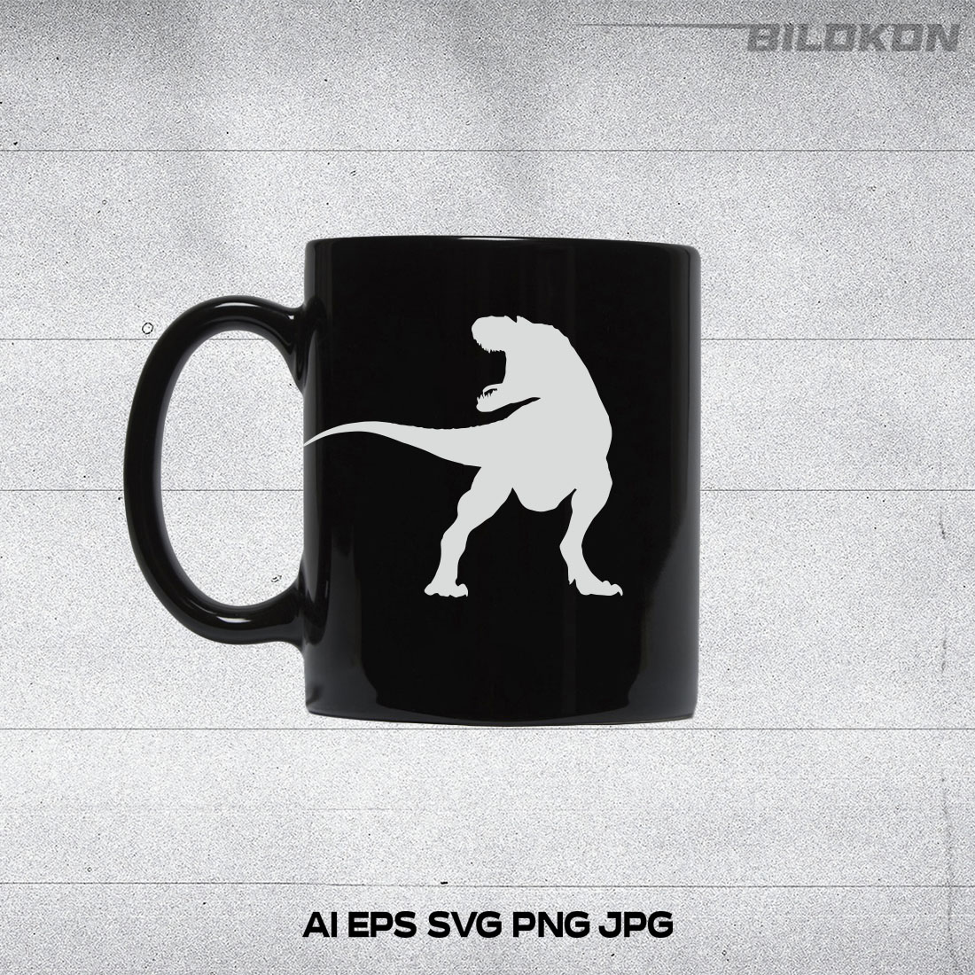 Black coffee mug with a white dinosaur on it.