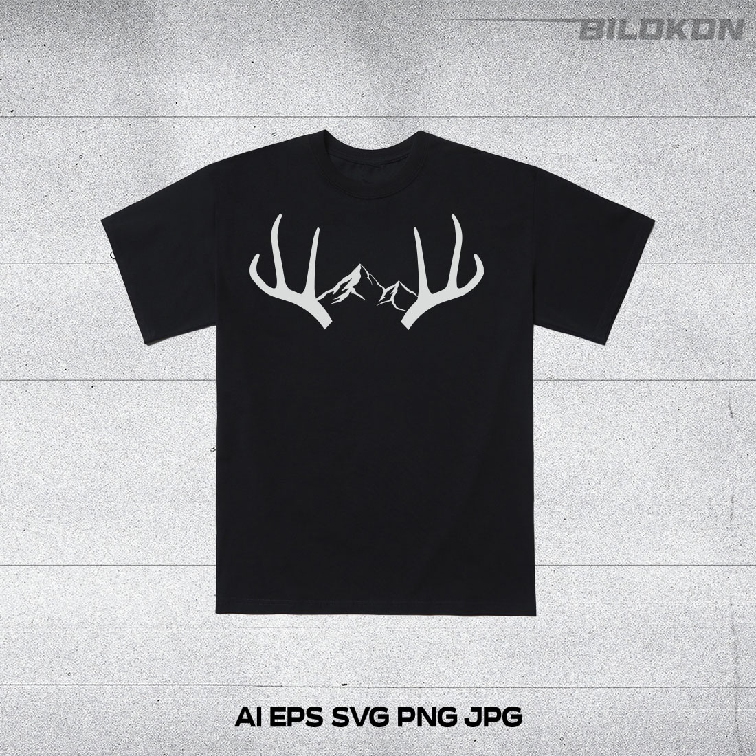 Black t - shirt with white deer antlers on it.