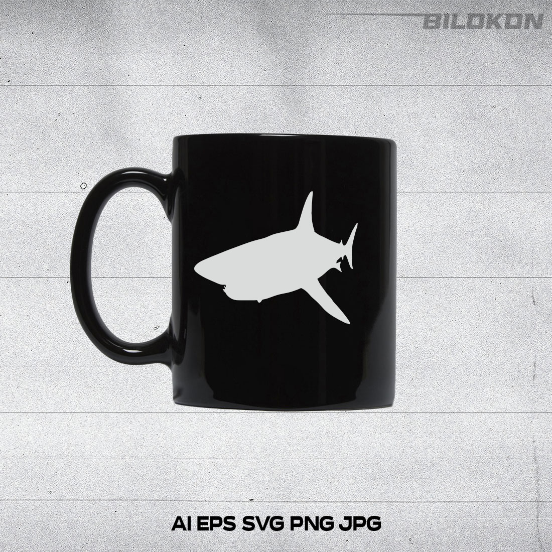 Black coffee mug with a white shark on it.