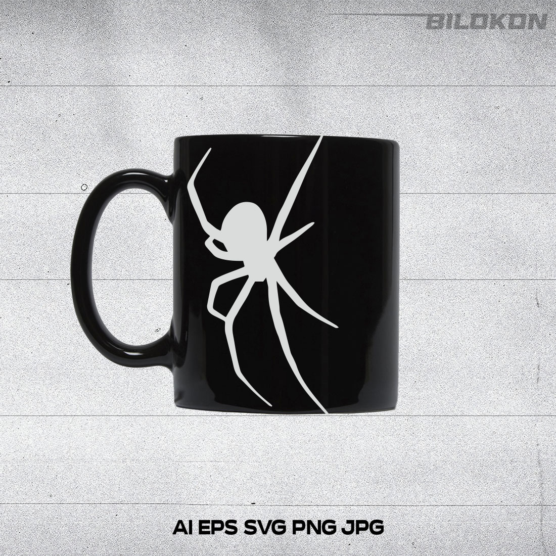 Black coffee mug with a white spider on it.