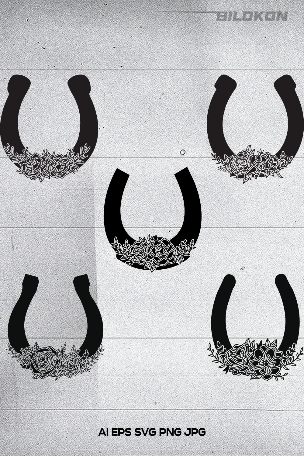 Set of four black and white images of horseshoes.