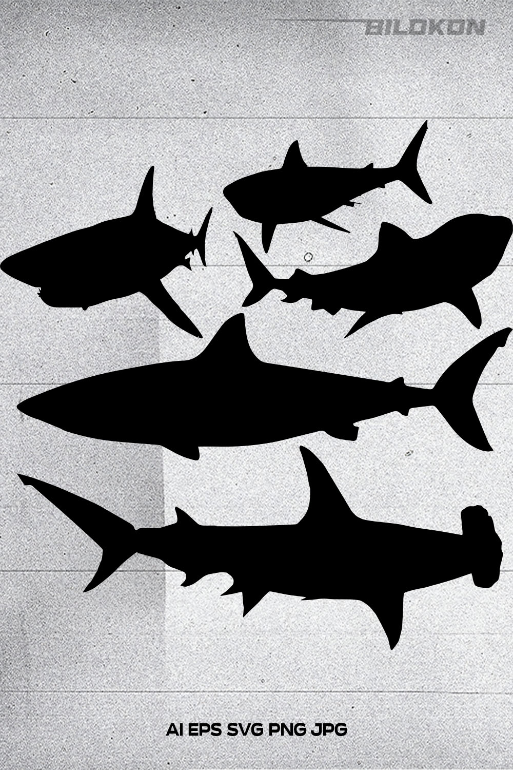 Group of shark silhouettes against a white background.
