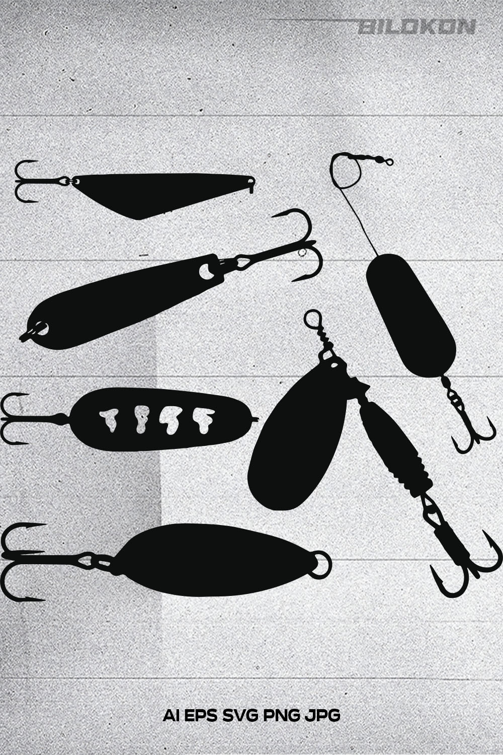Fishing baits set silhouette, Set of Various Fishing Lures, SVG Vector pinterest preview image.