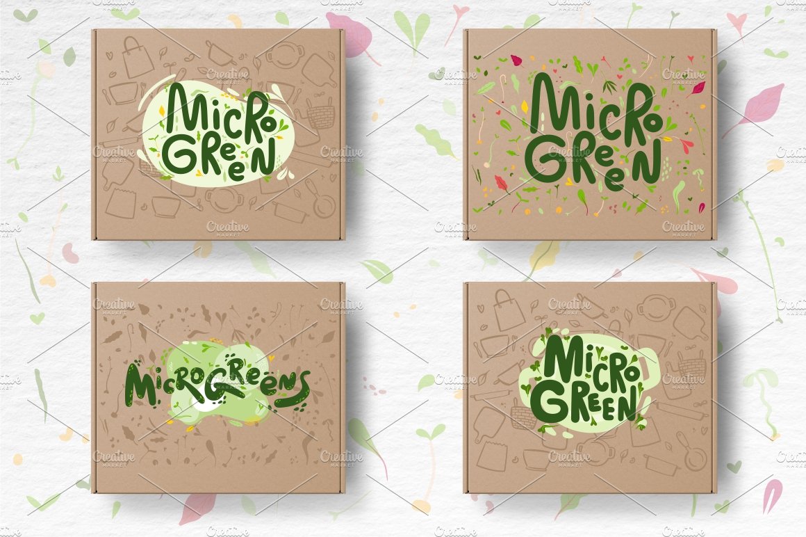 Set of four square stickers with the words micro green and micro green.