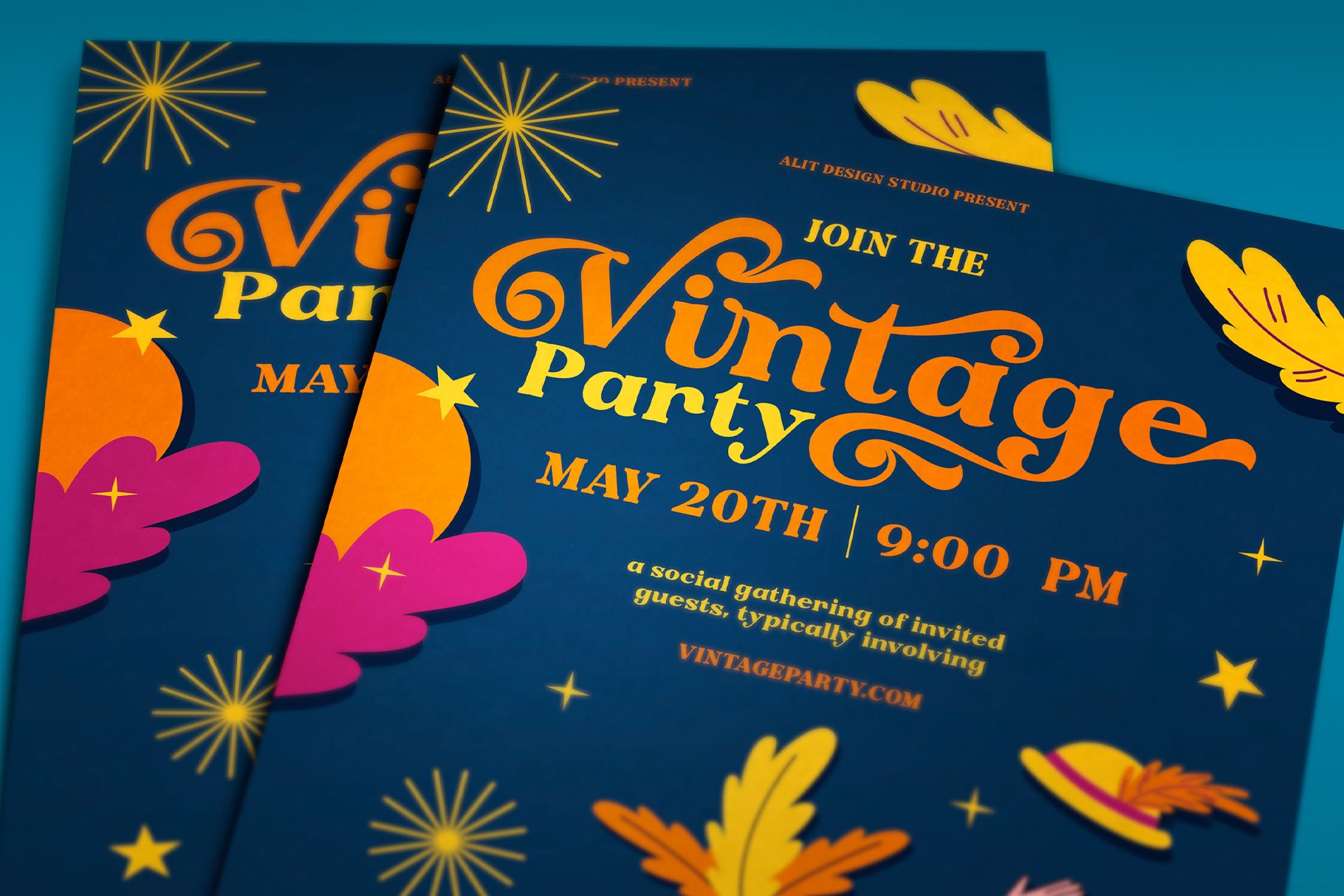 A pair of flyers for a vintage party.