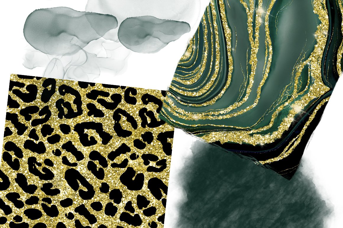 A collage of animal print and gold glitter.