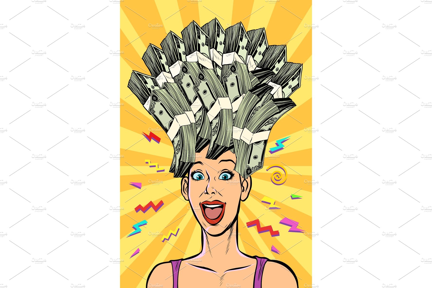 A woman with a bunch of money on her head.