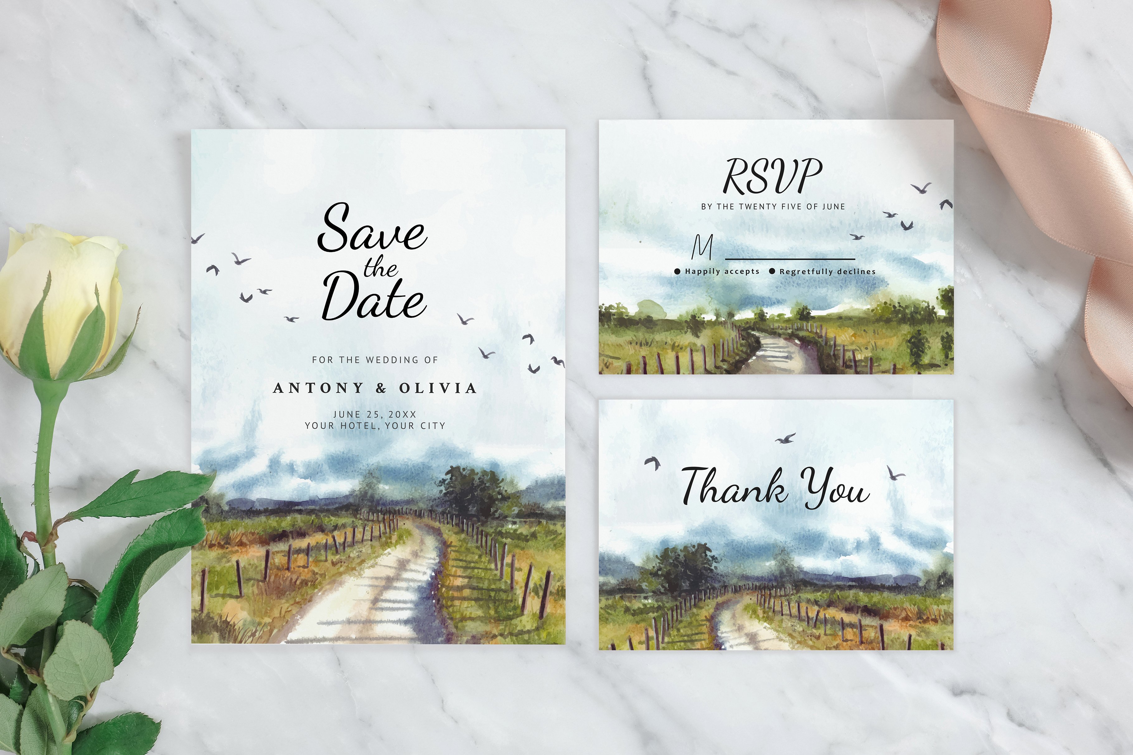 Set of three wedding cards with a watercolor painting of a country road.