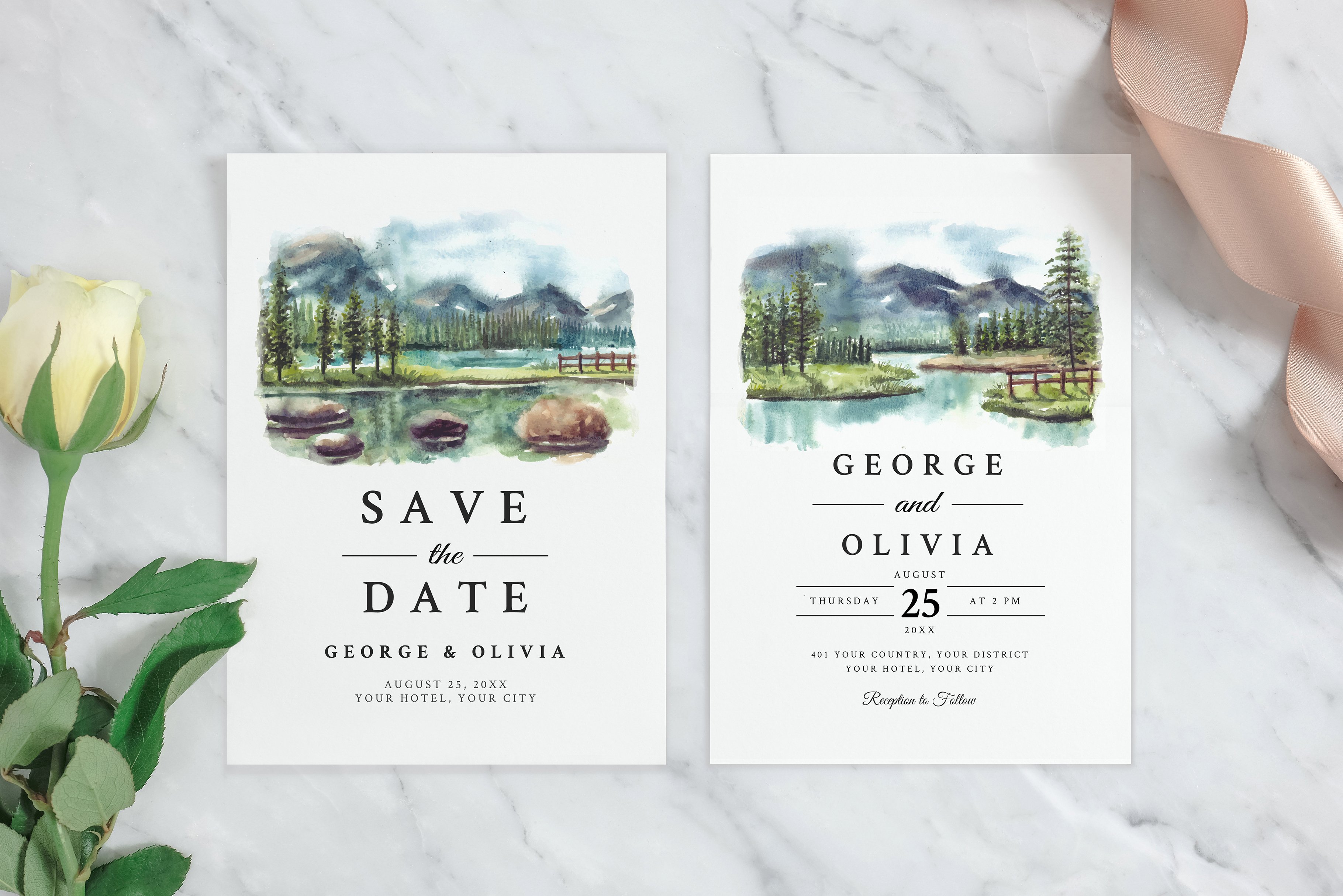 Watercolor painting of a lake and mountains is featured on the save the date.
