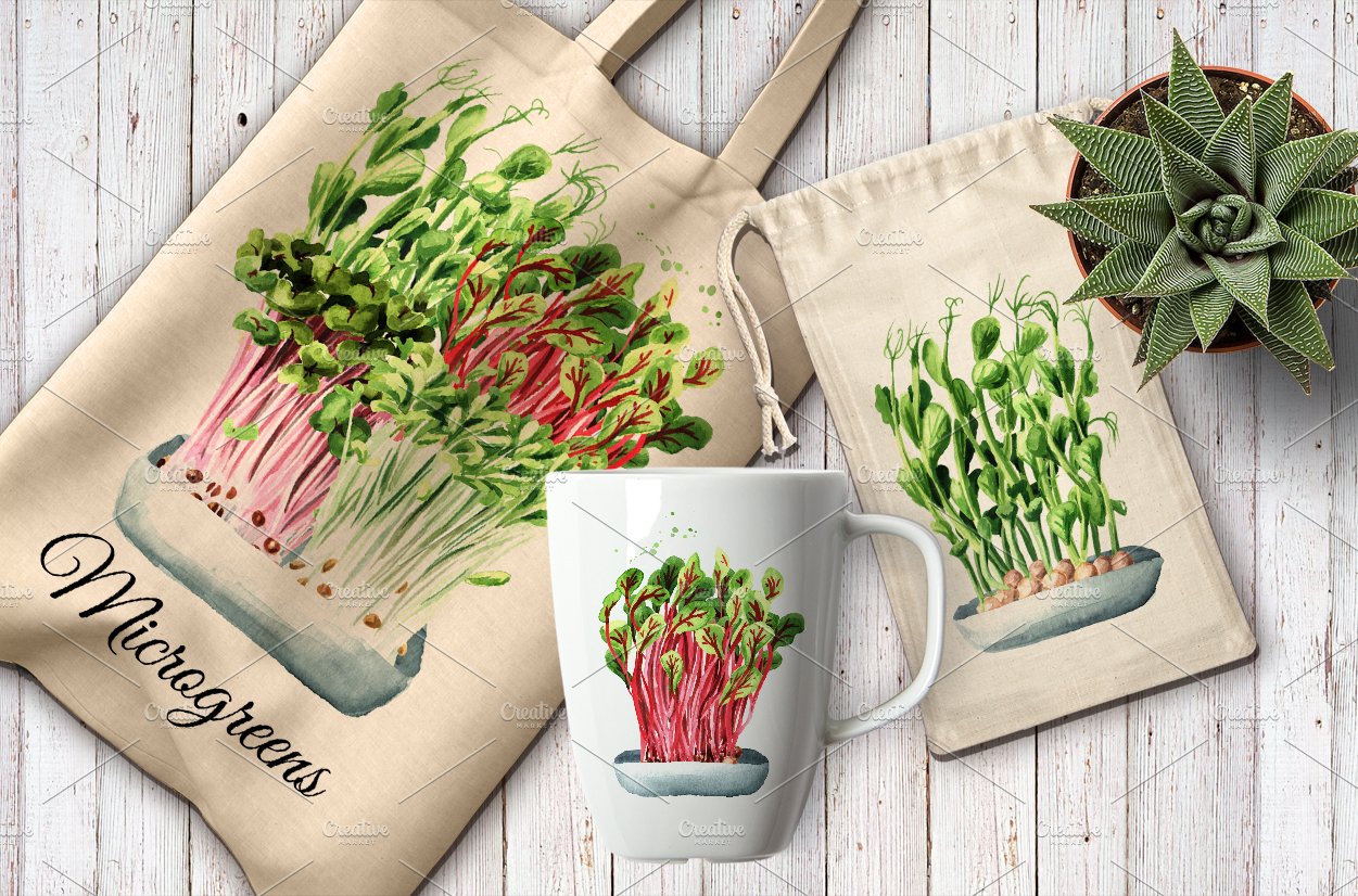 Two mugs with plants on them next to a bag.
