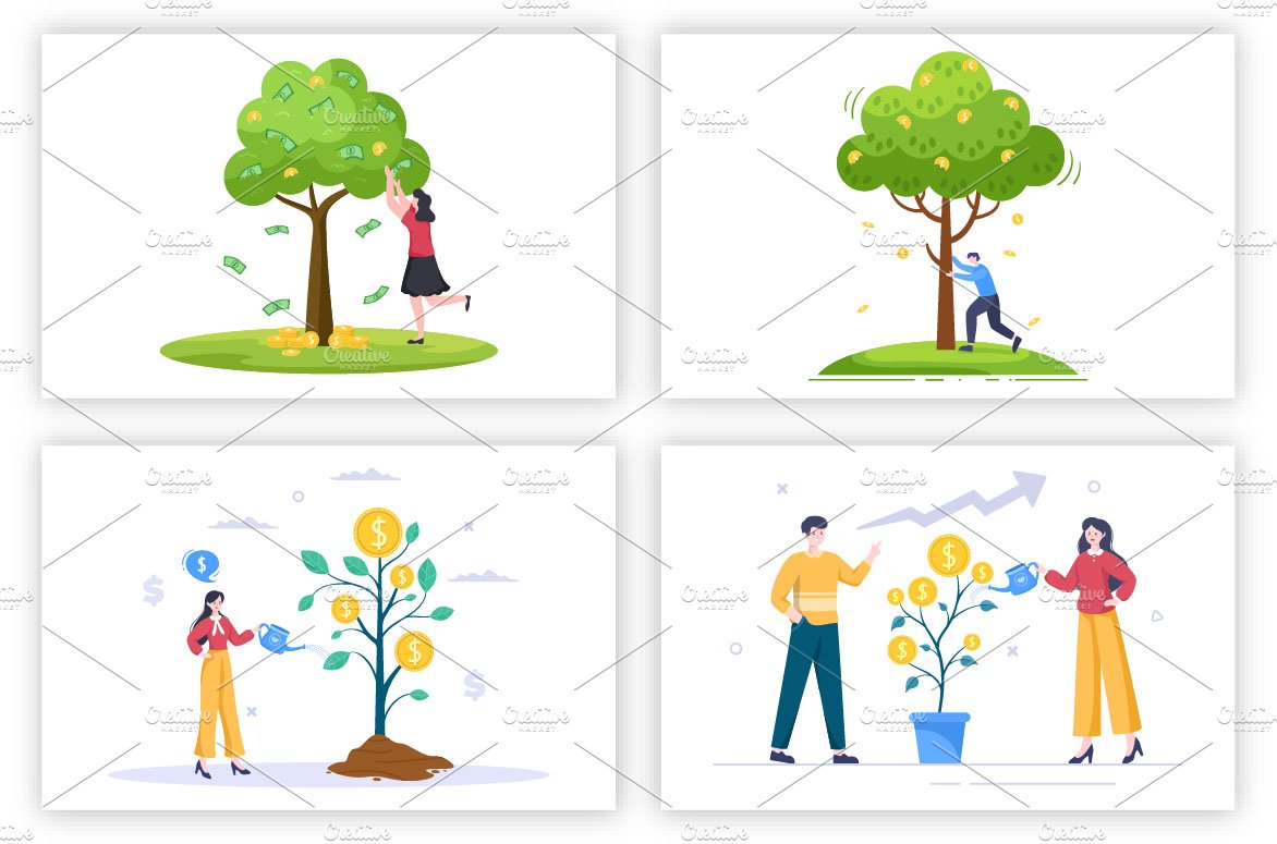 Four different illustrations of people watering trees.