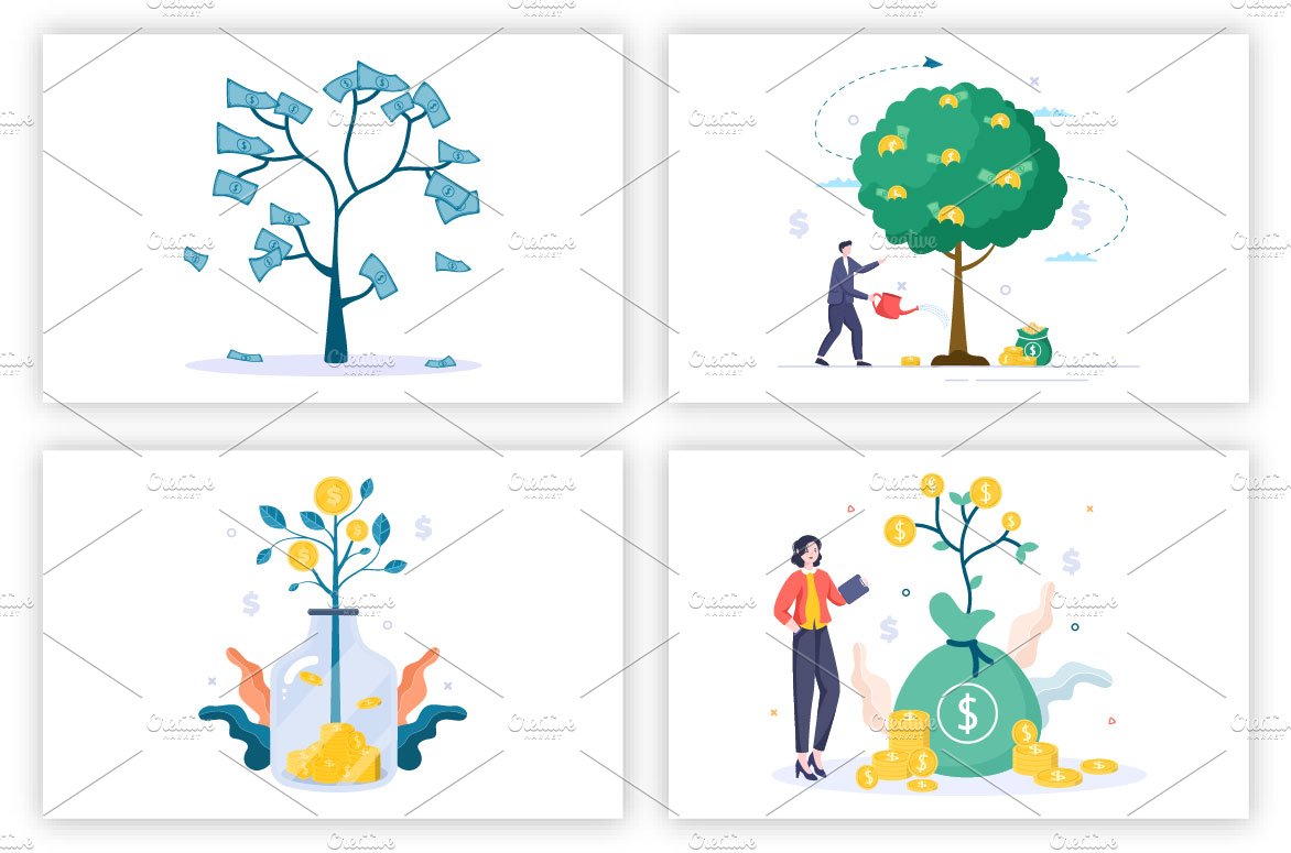 Four different illustrations of people and money bags.