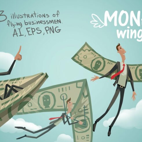 A cartoon of two men flying through the air on money bills.