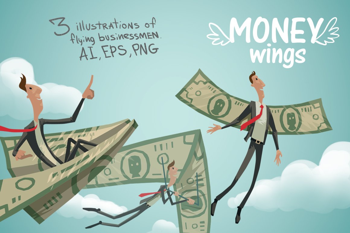 A cartoon of two men flying through the air on money bills.