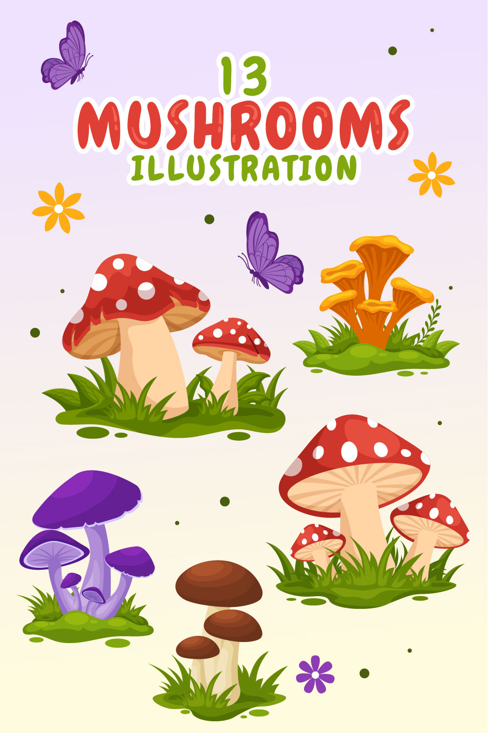 13 Mushrooms Design Illustration pinterest preview image.
