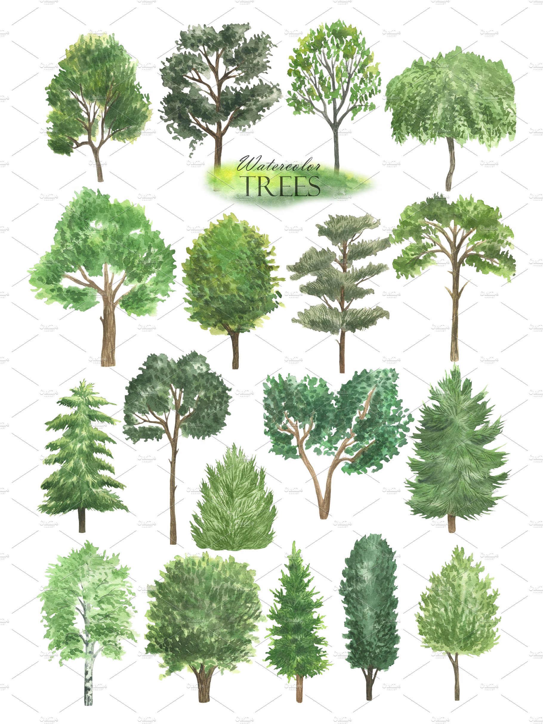 Watercolor Green Trees Clipart preview image.