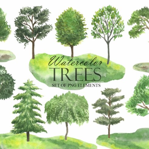 Watercolor Green Trees Clipart cover image.