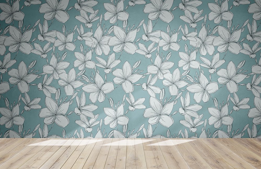 Room with a wooden floor and a flower wallpaper.