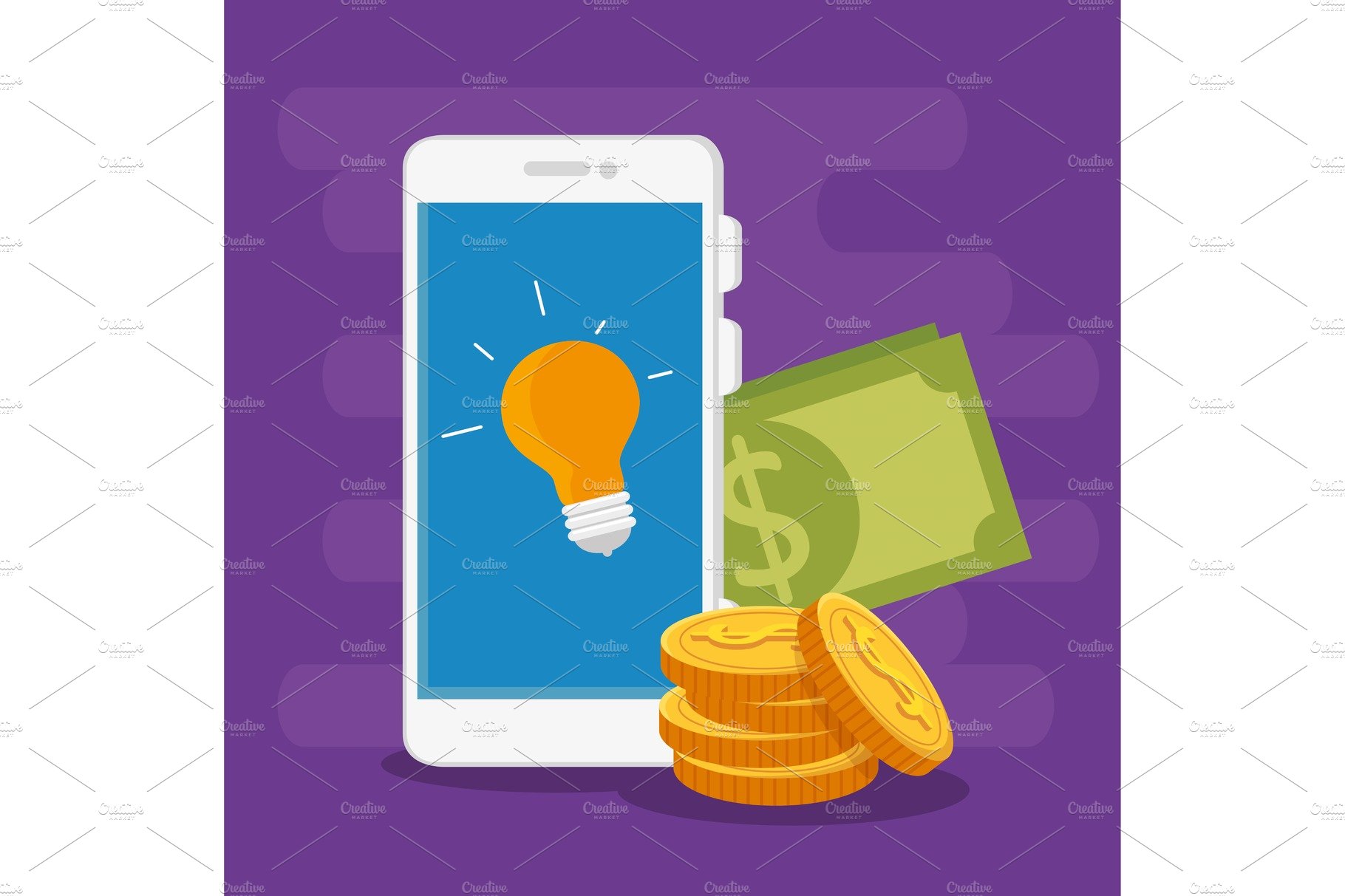 A smart phone with a light bulb and a stack of coins.