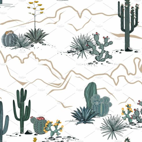Desert scene with cacti and cactus plants.