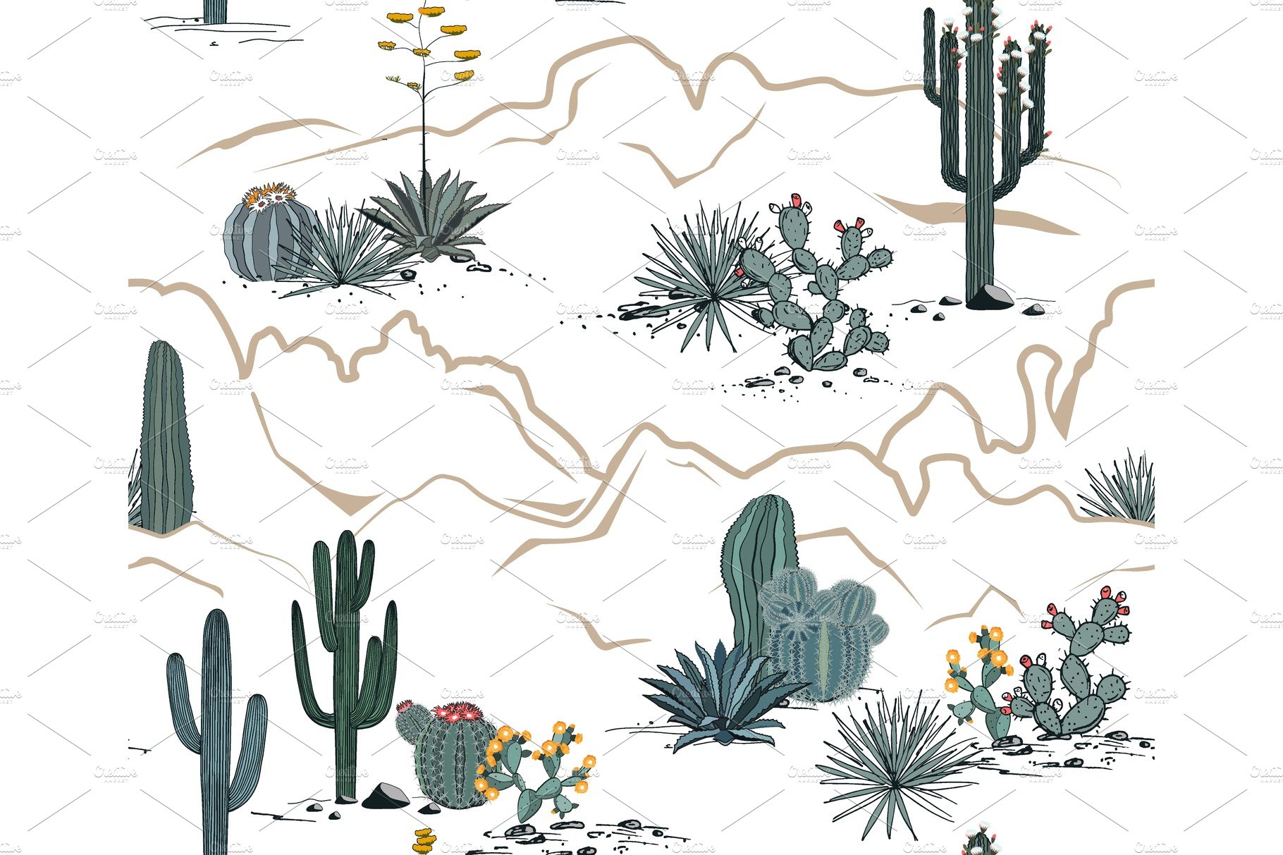 Desert scene with cacti and cactus plants.