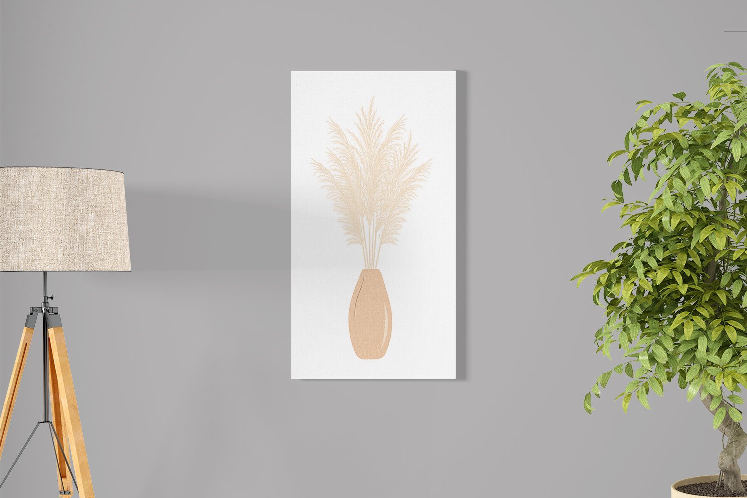 Plant in a vase next to a picture on a wall.