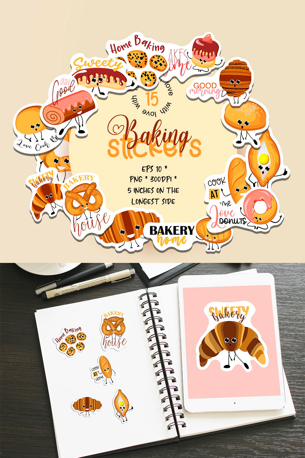 Set of stickers with pastries and bakery | 15 baking sticker designs pinterest preview image.