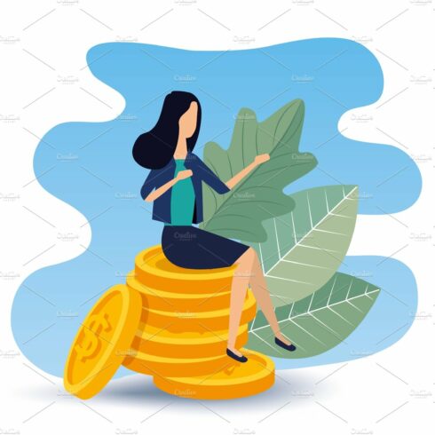 A woman sitting on top of a stack of coins.
