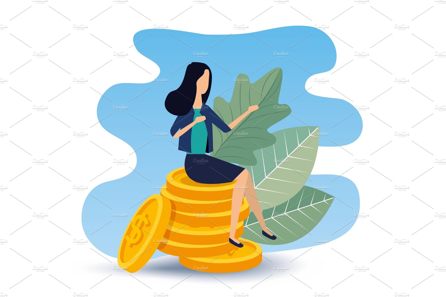 A woman sitting on top of a stack of coins.